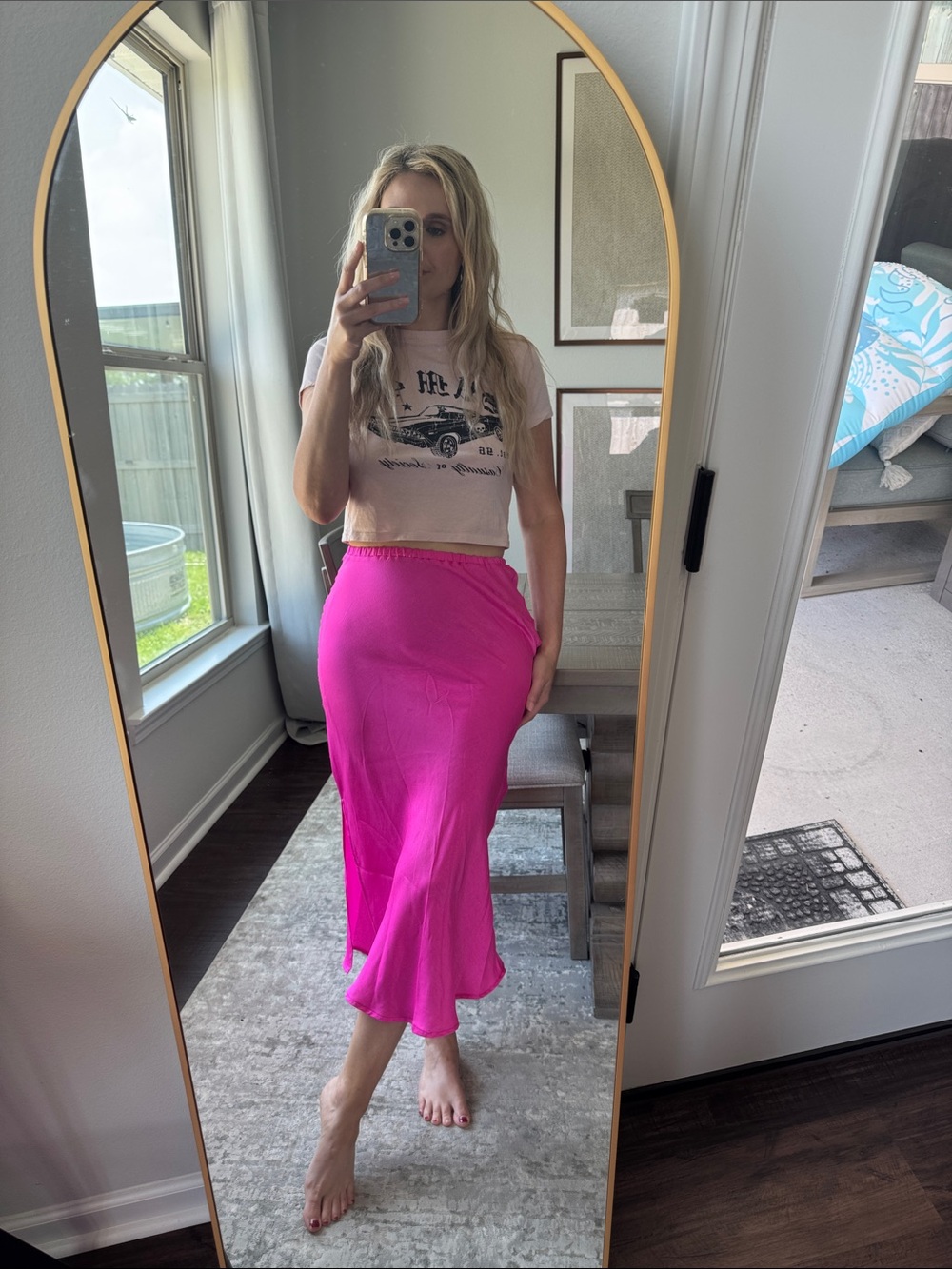 Neon Barbie Hot Pink Women's Satin Midi Slide Slit Skirt - Picture 2 of 16